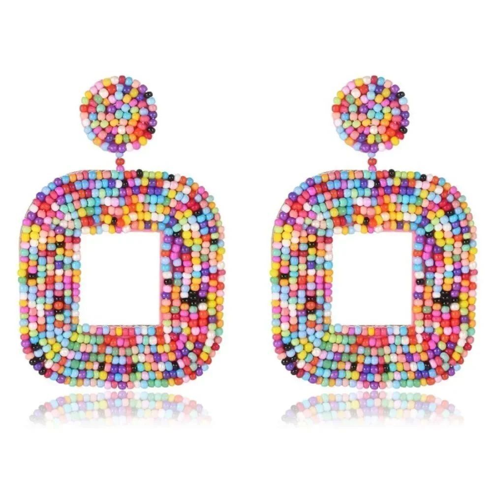 Square Confetti Beaded Faux Leather Boho Dangling Drop Statement Post Earrings